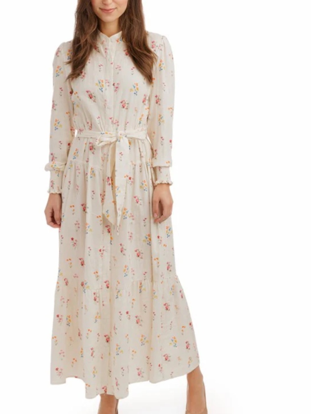 La'/ Simona Cream Floral Ruffled Midi Dress Belt Size Large/XL Modest Cotton